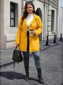 EMERY ROSE Plus Size Women's Cinched Waist Zipper Hooded Jacket - Yellow - View 4
