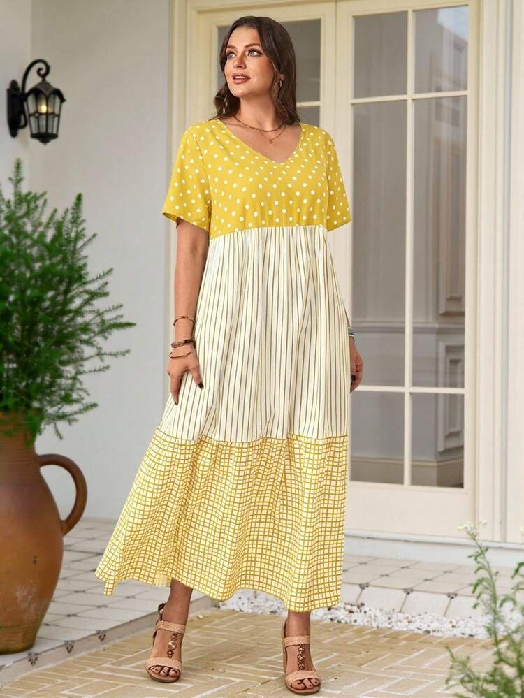 Plus Size Summer Casual Color Block Striped Polka Dot Plaid Print Dress