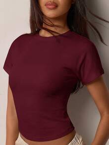 COSMINA Women's V-Neck Short Sleeve Solid Color Casual T-Shirt - Burgundy - View 5