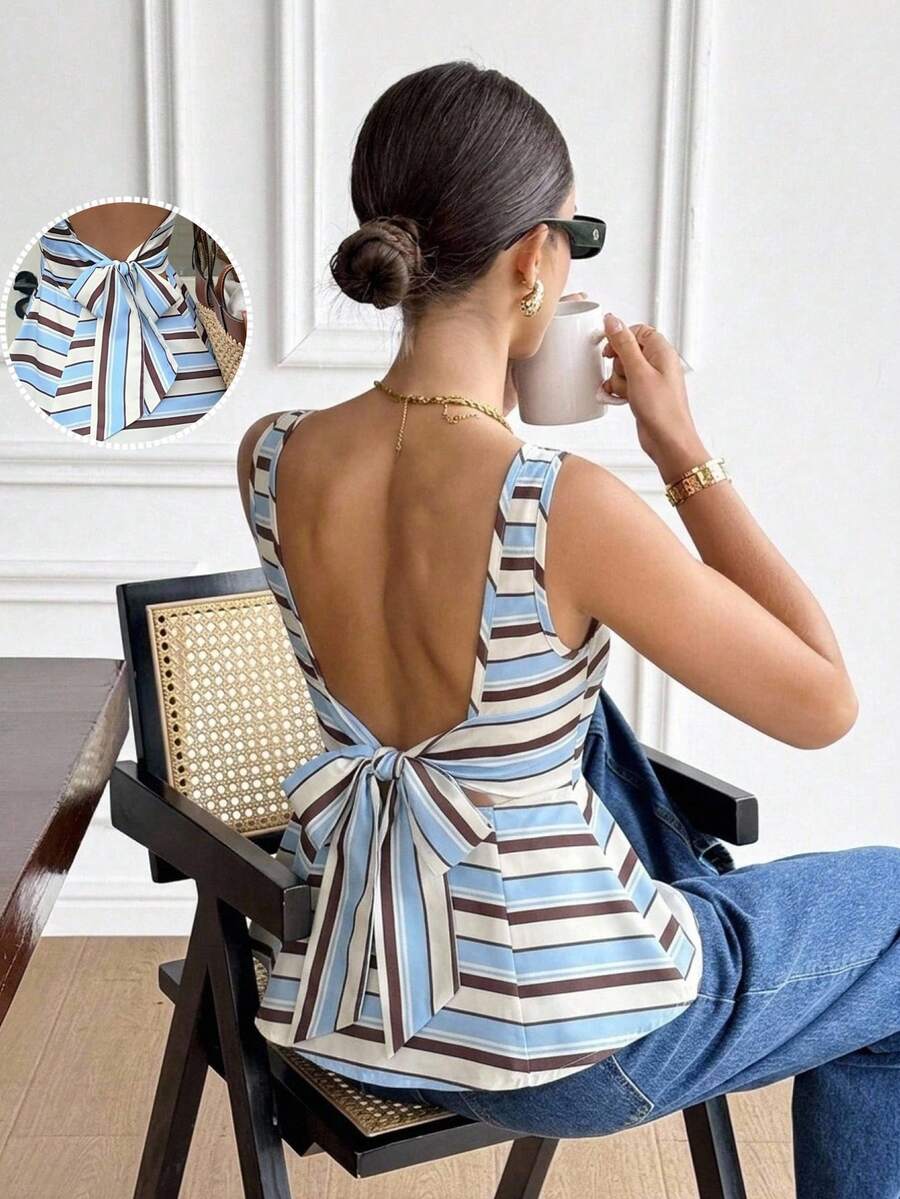 Serisse Blusa de moda versátil con rayas y volantes en el bajo para mujer, para salidas diarias
