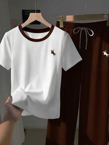 SHEIN EZwear 2pcs Set Embroidered Round Neck Short Sleeve Top And Striped Print Pants, Casual - Brown - View 4