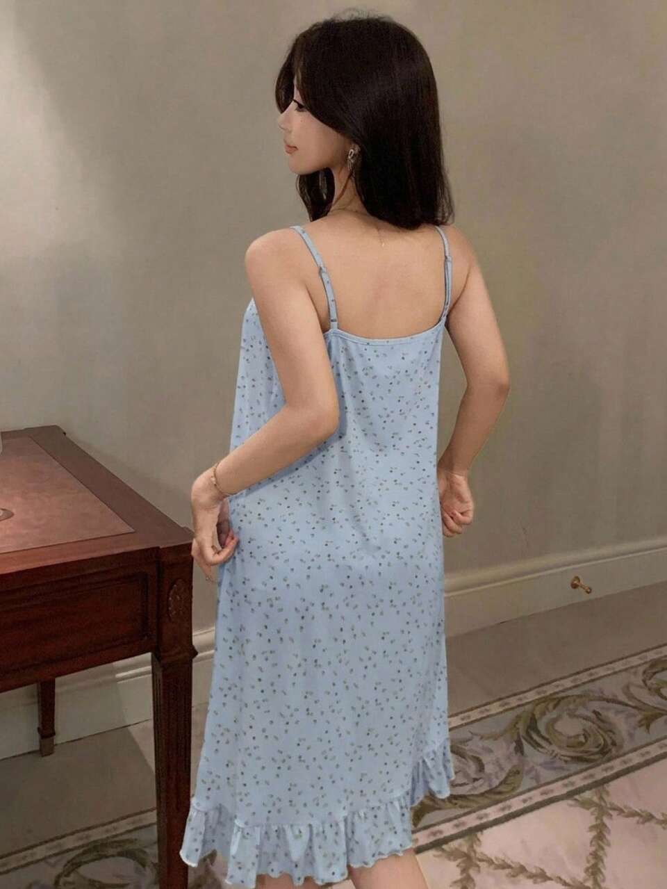 Ditsy Floral Camisole Ruffle Hem Sleeveless Dress Summer Outfit Women's Nightgown