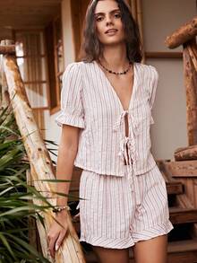 Lullawish Women's Bohemian Casual Comfortable Striped Geometric Print Woven Tie Bow Ruffle Hem Loungewear Set - Multicolor - View 6