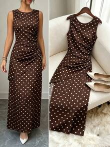 SHEIN Raffinéa French Retro Brown And White Polka Dot Sleeveless Midi Dress, Waist Ruched Design, Elegant Slimming Tea Party Summer - Brown - View 7