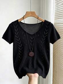 SHEIN Franclia Áo dệt kim nữ mùa hè phong cách tối giản, màu trơn, họa tiết rỗng, đa năng, mặc thường ngày, đi làm và đi du lịch - màu đen - Xem 4