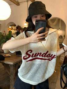 DAZY Women's Casual Contrast Color English Text Short Sleeve Knit Top Spring Summer - Beige - View 3