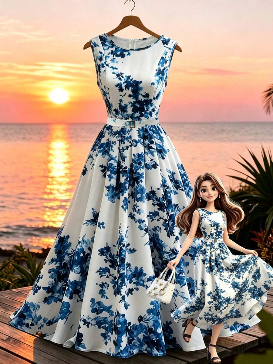 GlowEve CURVE Plus Size Women's Floral Print Off-Shoulder Elegant Flapper 1920s Vacation Dress Wedding Evening Guest Formal Tea Party Blue And White Summer - Blue and White - View 1