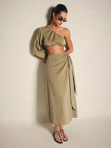 KSTM One Shoulder Long Sleeve Crop Top And Wrap Midi Skirt Two Piece Co-Ord Set Summer Vacation Brunch Khaki Sexy Elegant - Khaki - View 1