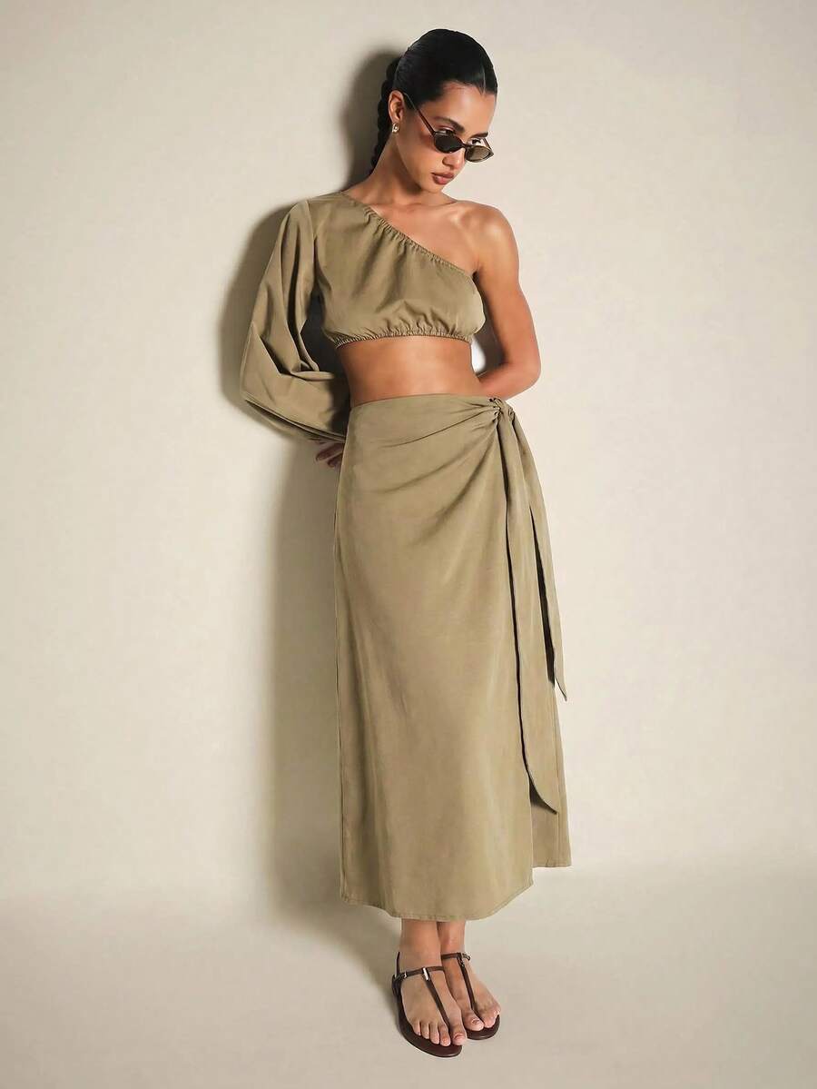 KSTM One Shoulder Long Sleeve Crop Top And Wrap Midi Skirt Two Piece Co-Ord Set Summer Vacation Brunch Khaki Sexy Elegant - Khaki - View 1