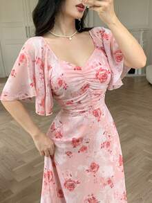 Modelyn 女款荷葉袖抓皺腰部雪紡印花喇叭裙 - 粉色 - 查看 3