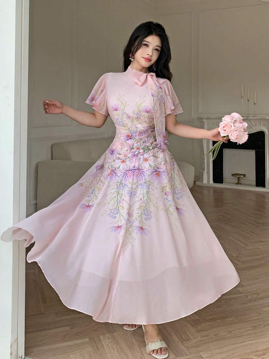 Modelyn 女款綁帶收腰抓皺印花大裙擺洋裝 - 淺粉色 - 查看 1