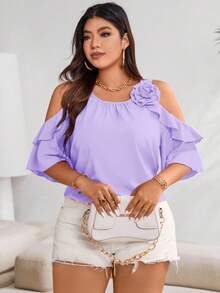 Vionelle Plus Cold Shoulder Ruffle Trim Blouse For Summer For New Year Clothes - Mauve Purple - View 5