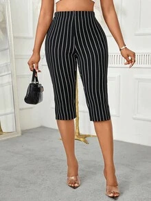 SHEIN Lady 女款時尚通勤條紋緊身褲 - 黑色 - 查看 4