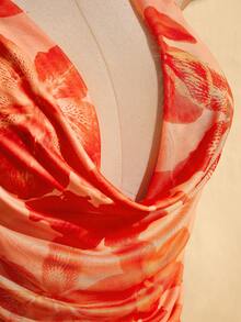 SHEIN ICON Plus Size Floral Print Ruffle Neck Backless Halter Top Beach Vacation Orange Summer - Orange - View 7