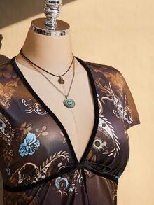 SHEIN ICON 大尺碼復古Y2K深V領花卉短袖收腰A字洋裝，返校穿搭、日常穿著、休閒度假夏季洋裝 - 彩色 - 查看 5
