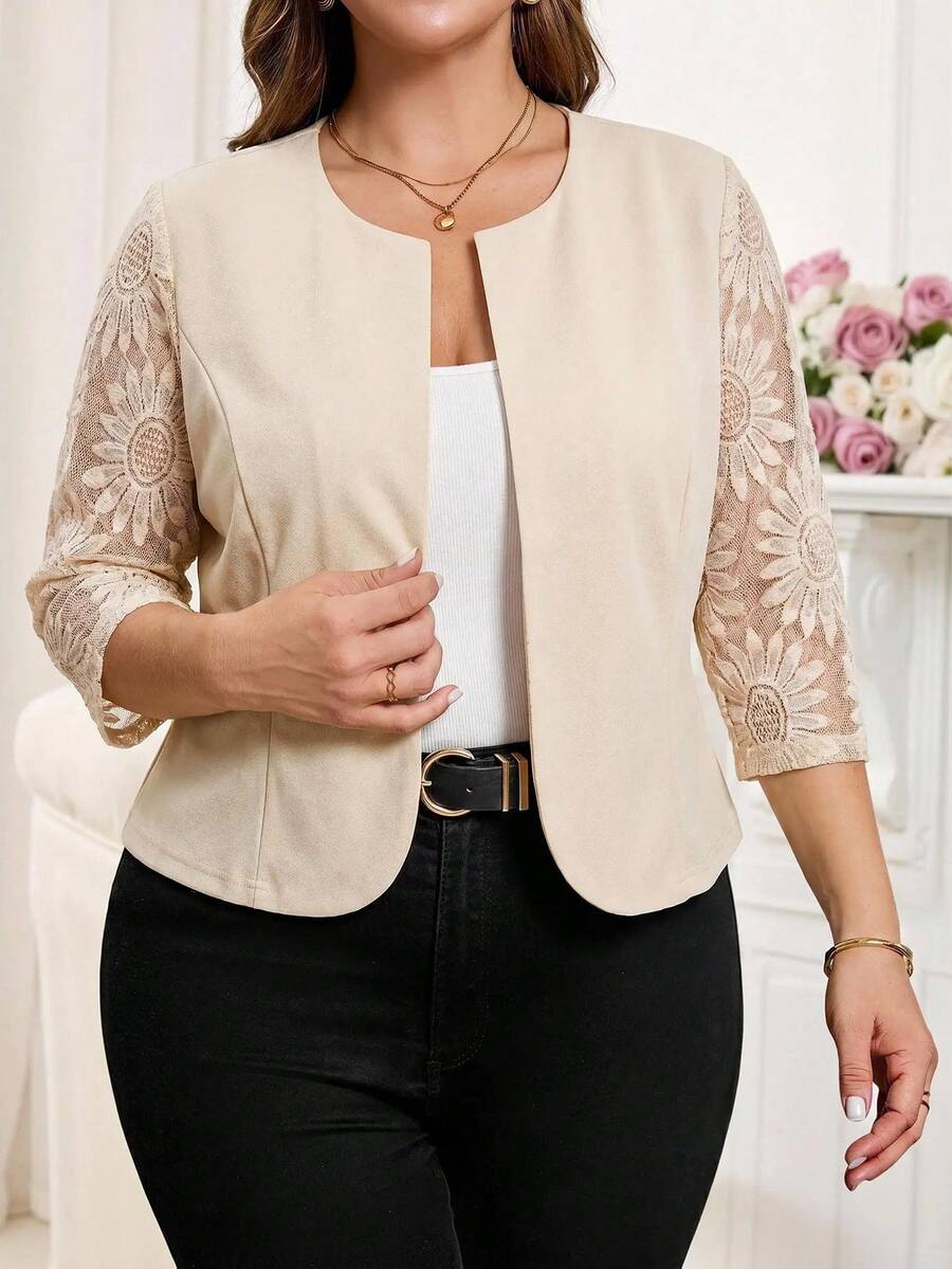 Reflora Chaqueta corta elegante de mujer talla grande con mangas de encaje en contraste, adecuada para uso diario - Albaricoque - Ver 1