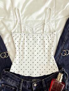 INAWLY French Polka Dot Lace Camisole For Women, Summer Sexy Style Padded Fitted Camisole For Layering Or Outerwear Golf White - White - View 3
