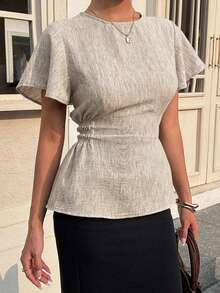 Livesso Summer Design Waist-Cinched Casual Elegant Office Wear Street Valentine's Day Wedding Waist-Cinched Women's Shirt Beige - Beige - View 4