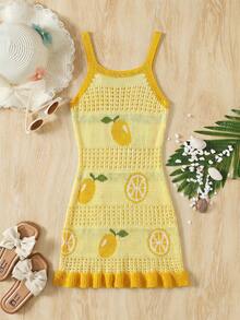 SHEIN Tween Girl Vacation Beach Lemon Jacquard Knit Cover-Up Dress - Yellow - View 2