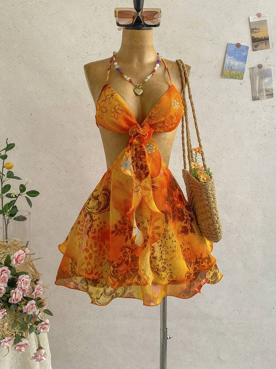 Soleia 女款春夏浪漫性感度假迷你洋裝,淡黃色紋理梭織鏤空緞帶3D花朵裝飾雙層荷葉邊裙襬露背洋裝,適用熱帶度假、約會、下午茶、海灘、郵輪、公路旅行、城市度假、音樂節、派對、波希米亞、波西米亞度假、嬉皮、西部、嘉年華、聖派翠克節 - 亮橙色 - 查看 1