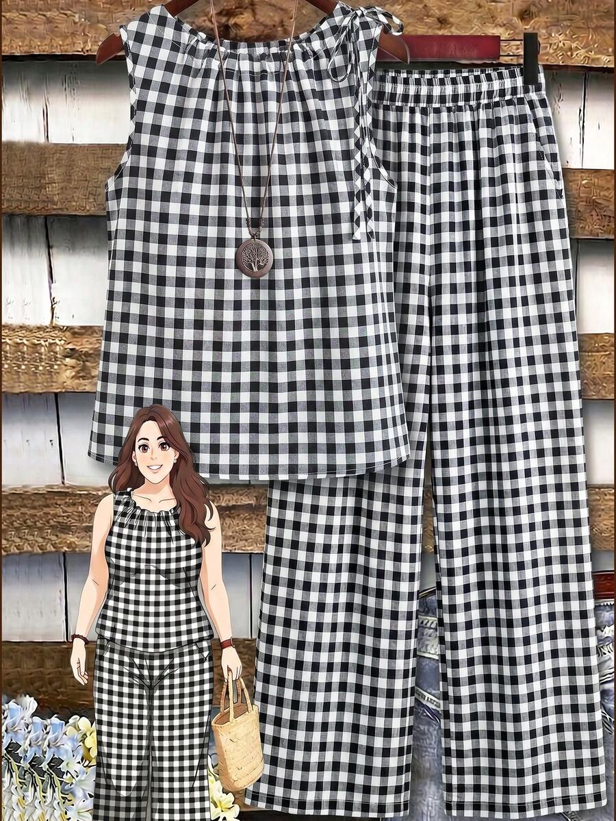 Weeklong Spring Summer New Arrival Plus Size Women's Black & White Gingham Textured Round Neck Drawstring Sleeveless Top + High-Waist Wide Leg Pants Sets, For Daily & Travel Wear - Multicolor - View 1