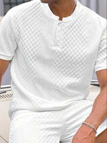 SHEIN Teen Boys Summer Casual Basic Plain Casual Simple And Comfortable White Textured Fabric Breathable Small Stand-Up Collar Short Sleeve Hot-Selling Polo Shirt, Suitable For Spring/Summer, Daily Wear, Sports, Outings, School, Parties, Festivals, Photoshoots - White - View 8