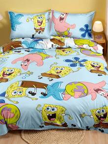 SpongeBob SquarePants | SHEIN 三件套海洋动物卡通印花被套，磨毛材质，柔软保暖，蓝色被套，双面图案，多种尺寸可选，适用于单人床/双人床/特大床，送礼佳品 - 藍白色 - 查看 4