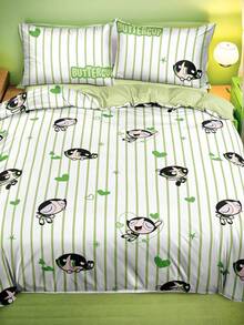 THE POWERPUFF GIRLS X SHEIN 三件套可爱卡通印花被套，光滑面料，柔软保暖，红色被套，多种尺寸可选，适用于单人床/双人床/大号床/特大号床 - 綠色 - 查看 2