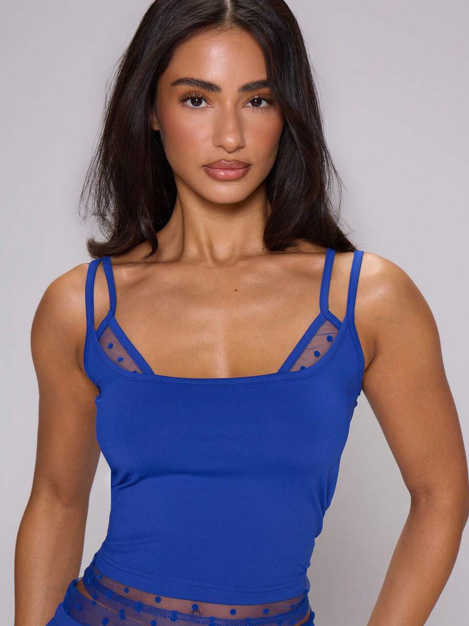 Blue Double Layer Tank Top Mesh Underlayer Polka Dot Top
