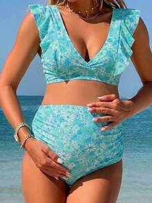 Momance Maternity Floral V-Neck Frill Trim Gentle Mature High Waist Bikini Set - Multicolor - View 3