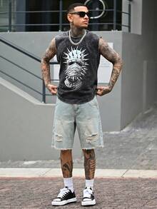 Devon Thys 男士口袋做旧毛边宽松牛仔百慕大短裤 男士做旧牛仔短裤 - 淺色水洗藍 - 查看 6