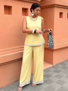 Weeklong Plus Size Women's Spring/Summer Sleeveless Long Pants Set With Contrast Trim And Side Slit, Casual Vacation Outfit, Fashionable Streetwear - Yellow - View 4