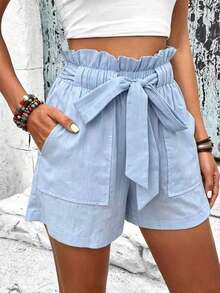 BamGleam Women's Solid Color Drawstring Pocket Ruffle Hem Shorts Beach Baby Blue Summer Casual - Blue - View 9