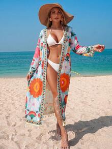Swim Lushoire Women's Floral Placement Print Cover Up With Detachable Belt, Beach Party Vacation Kimono Cover-Up - Multicolor - View 4