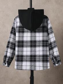 SHEIN Casuvi Kids Tween Boys Plaid Long Sleeve Hooded Shirt - Black - View 2