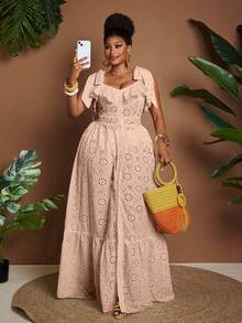 Maweii Plus Size Elegant Vacation Style Woven Embroidered Fabric Patchwork Ruffle Square Neck Tie Strap Full Skirt Dress - Sugar Pink - View 6
