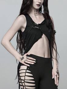 ROMWE Goth Forbidden Art 女款連帽上衣 金屬扣飾 繫帶抽繩設計 不對稱下擺 破舊風 性感 - 黑色 - 查看 4