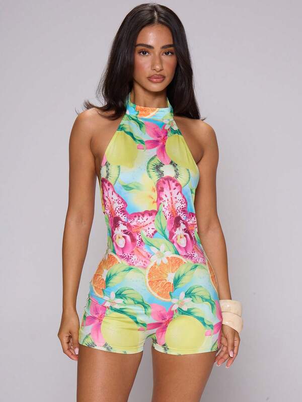 MUSERA Slinky Printed High Neck Fitted Playsuit Spring Summer Ibiza Festival Holiday Vacation Cute Sexy Y2k Night Out Club Tropical Seduction