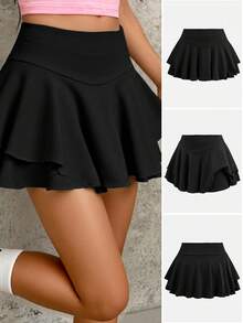 SHEIN Girls' Soft & Comfortable Solid Color Casual Skirt - Black - View 1