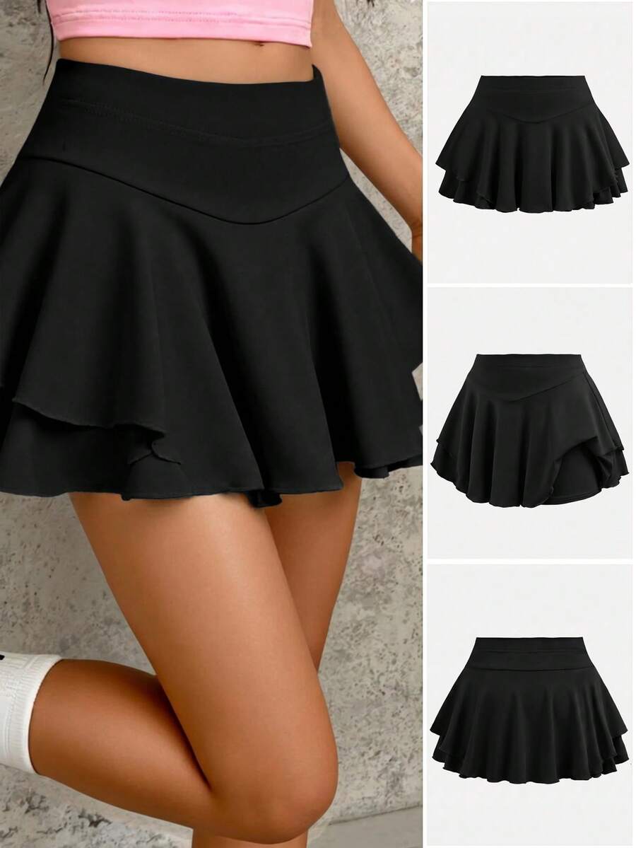 SHEIN Girls' Soft & Comfortable Solid Color Casual Skirt - Black - View 1