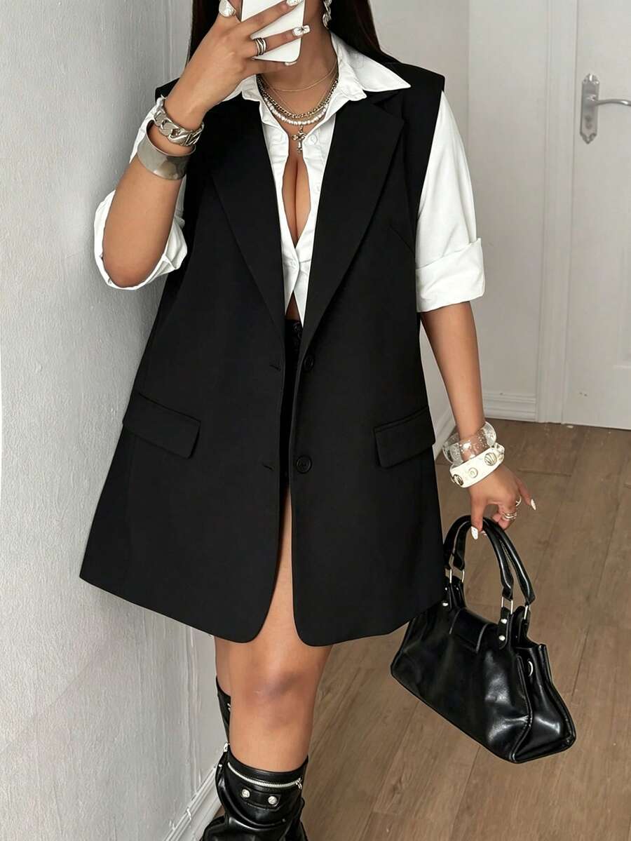 Maweii Blazer Longgar Tanpa Lengan Tenun Ukuran Besar untuk Wanita - Hitam - View 1