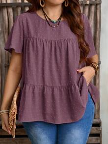 Rusticease Plus Size Women's Solid Color Round Neck Ruffle Short Sleeve Loose Shirt,Boho For Women/Summer Women - Red Violet - View 3