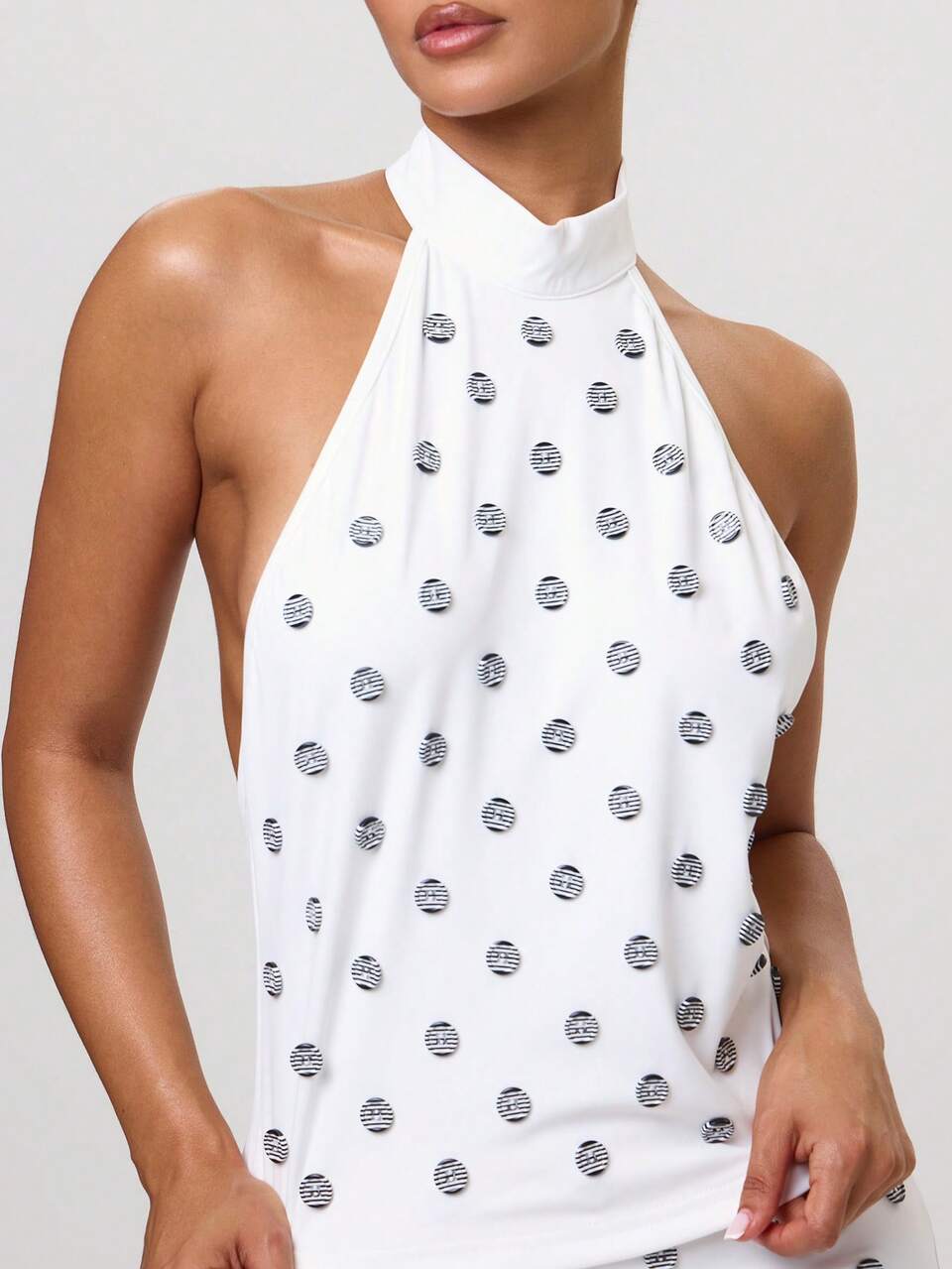White Embellished Halterneck High Neck Button Top