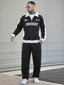 Devon Thys Men's Contrast Color Print Pullover Pullover Sweatshirt And Solid Color Pants Set - Black - View 4