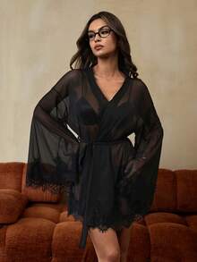 SHEIN Women's Lace Patchwork Tie-Up Sheer Sexy Robe - Black - View 3