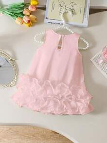 Elladie kids 女婴无袖优雅蝴蝶结装饰褶皱网纱芭蕾舞裙，休闲春夏风格 - 粉色 - 查看 2