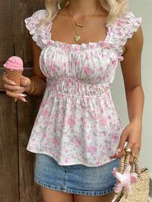 INAWLY Casual Sleeveless Sweet Ditsy Floral Tank Top - Pink - View 6