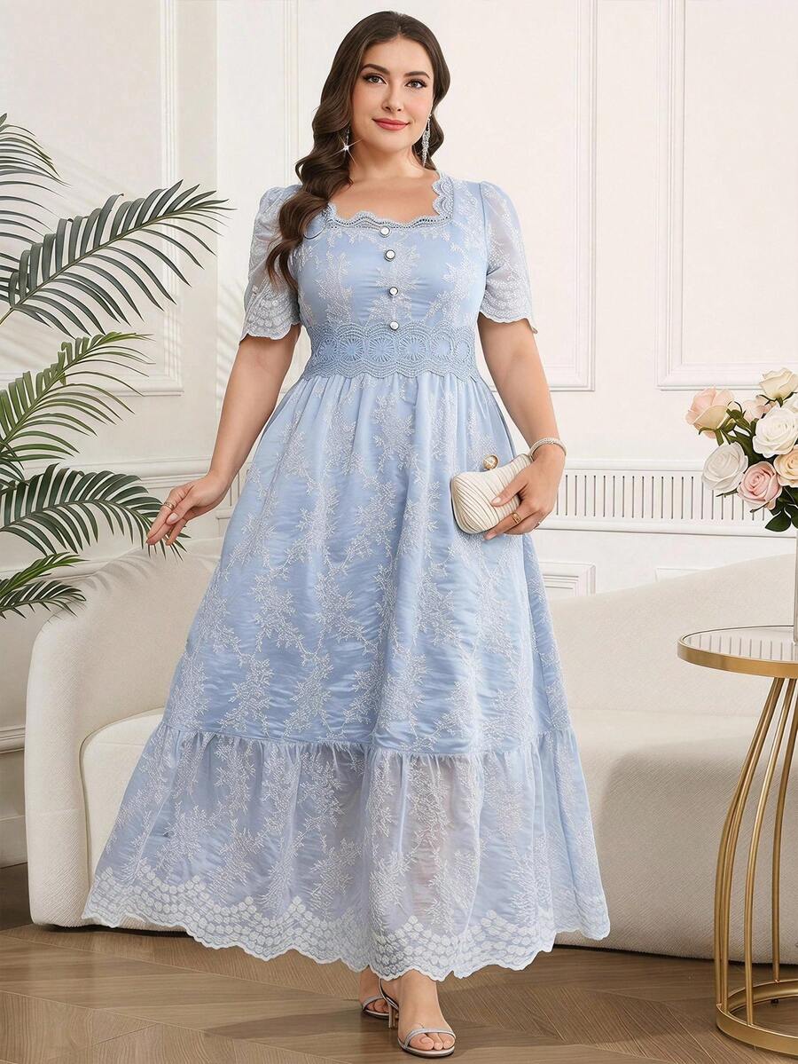 Reflora Plus Size Elegant Square Neck Short Sleeve Dress - Blue - View 1