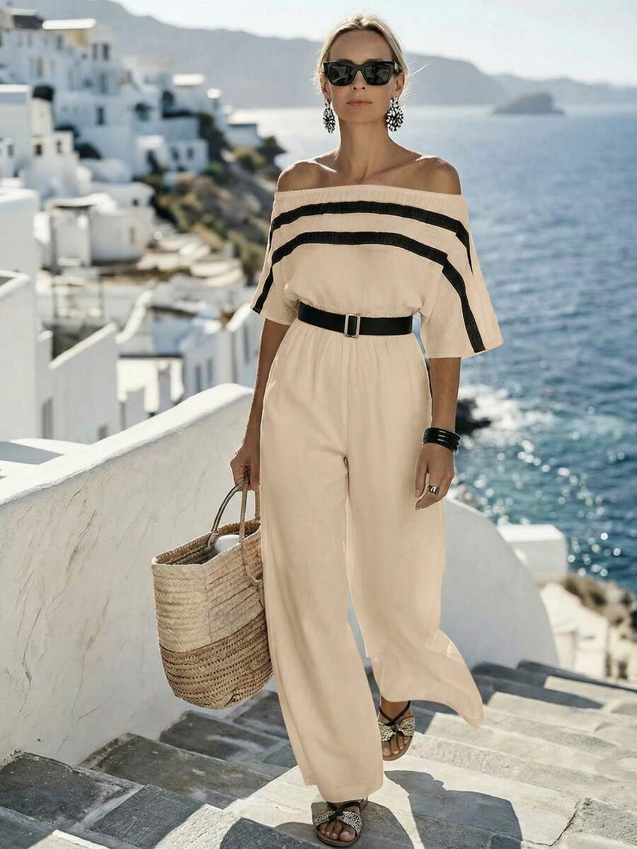 Isle Nomé Women's Spring/Summer Off-Shoulder Beige Loose Wide-Leg Jumpsuit, Vacation Style Casual Elegant Modest Versatile Beach - Khaki - View 1