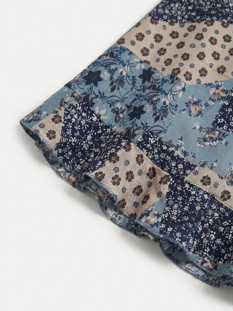 Blue High Waisted Floral Patchwork Print Mini Skirt With A Ruffled Hem Cute Holiday Casual Skirt